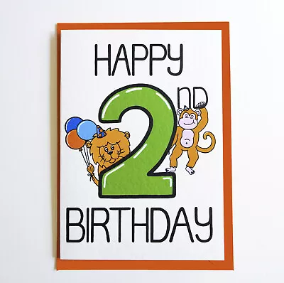 HAPPY 2ND BIRTHDAY Card For 2 Year Old Birthday Card With Cute Monkey And Lion  • £3.50