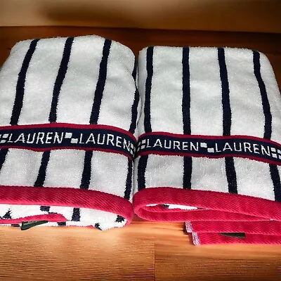 Vintage Set Of 2 Lauren Ralph Lauren Striped Bath Towels Red White Blue • £38.55