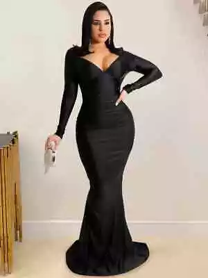 Micro Elastic Elvira Style V Neck Diamond Back Black Elegant Evening Dress 10 • $36.61