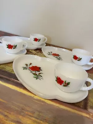 Vintage  Federal Glass Milk Glass Red Rose Snack Plates And Cups. 8 Piece Set • $35