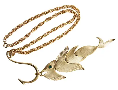 Napier Articulated Rhinestone Eye Fish On Hook Pendant Gold Tone Chain Necklace  • $192.50