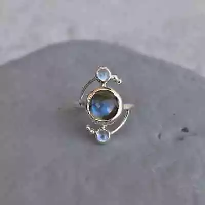 Natural Moonstone And Labradorite Ring  Blue Flashy Two Gemstone Ring • $7.69