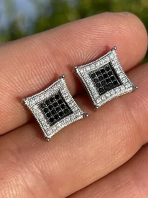 Mens Real 925 Solid Sterling Silver Iced Kite Square Black CZ Earrings Stud • $32.38