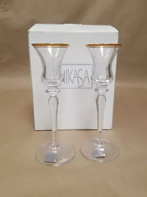 2 Mikasa Crystal Candlestick Tapered Candle Holders JAMESTOWN Gold 7-3/4  • $15