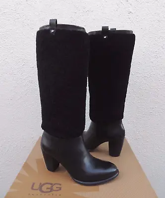 Ugg Black Tall Ava Exposed Fur Leather High Heel Boots Women Us 8/ Eur 39 ~ Nib • $129.95