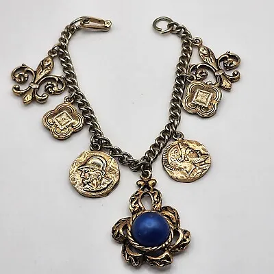 Vintage Charm Bracelet Signed Delsa Blue Gold Tone Coins Fleur-de-lis 6.5   • $36.99