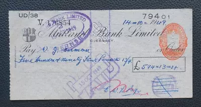 Midland Bank Ltd Guernsey Branch Used Cheque Dated 1949 With Guernsey Revenue • £3