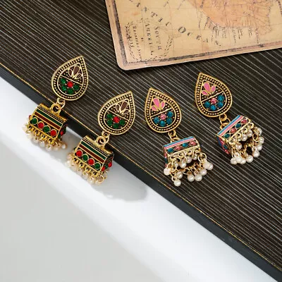 Ethnic Corful Crystal Beads Indian Earrings Vintage Alloy Flower Dangel Earrings • $6.38