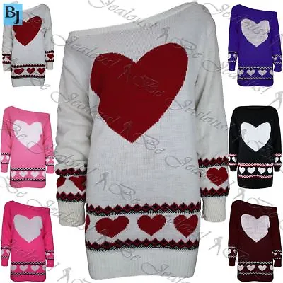 Womens Aztec Love Heart Print Jumper Ladies Off The Shoulder Knitted Tunic Dress • £7.29