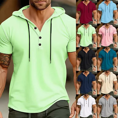Men's Short Sleeve Hooded Button T-Shirt Quick Dry Training Sports Fitness Shirt • $20.60