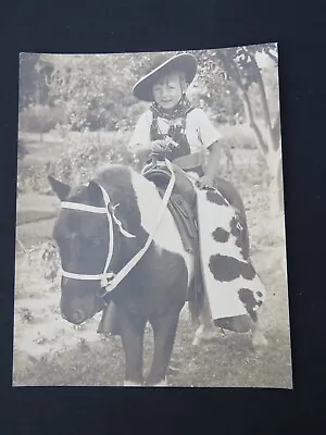 Young Boy Full Cowboy Rancher Outfit On Horse Cow Print Chaps Vintage Photo • £16.38