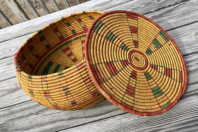 Vintage Large Basket With Lid  Coiled Hand Woven Ethnic Storage/Decor • $14.99