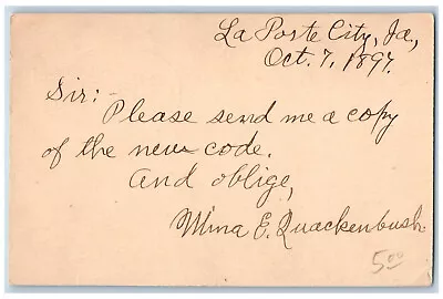 La Porte City IA Des Moines IA Postal Card Mina Quackenbush 1897 Antique Posted • $29.95