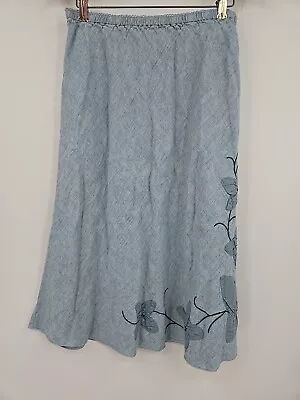 J Jill 100% Linen Skirt Size Small Blue Floral Appliqué Flare Boho Comfort Cute • $19.88