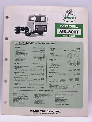 1969 MACK MODEL MB-600T Cab Over Engine COE 4-Wheel Tractor Truck Brochure Specs • $12