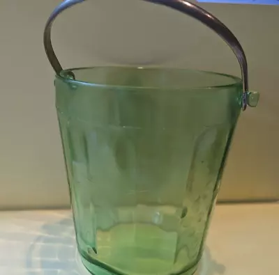 Vintage Depression Green Etched Flowers Glass Ice Bucket W/ Handle • $25