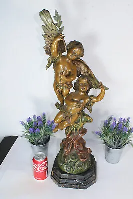 XL Antique Spelter Bronze Patina Cherub Putti Statue Marble Base Signed RUCHO • $980