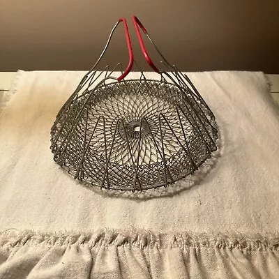 Vintage Collapsible Red Handled Wire Mesh Egg Fruit Gathering Washing Basket 9  • $25