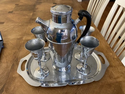 $25 • Buy Vintage Krome Kraft Farber Bros Ny Bar Set Shaker With 4 Tall Goblets With Tray