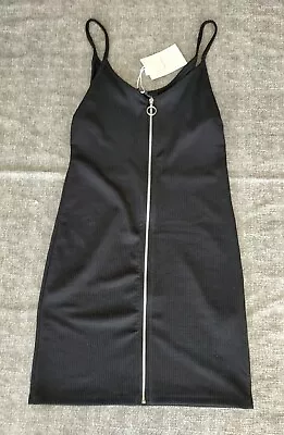 Bershka Black Strappy Fitted Front Zip Dress Size M • £1.50