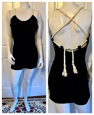 1920s Vintage Swimsuit Black Wool One Piece Skirted Bathing Suit Rope Straps • $150