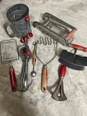 Vintage Farmhouse Lot Of 8 Red Wood Handle Kitchen Utensils Tools • $49.99