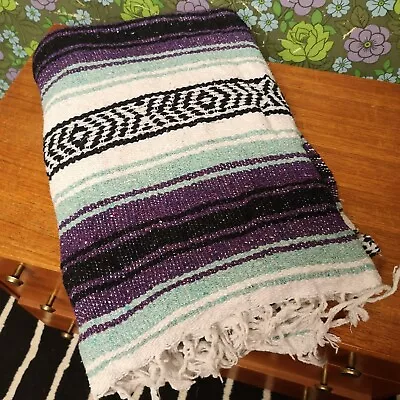 £19.99 • Buy Purple Blue Mexican Woven Stripy Falsa Yoga Beach/Picnic Blanket / Throw