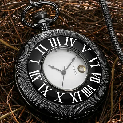 Engraved Half Hunter Pocket Watch With Date FOB Snake Chain Men Christmas Gifts • £14.38