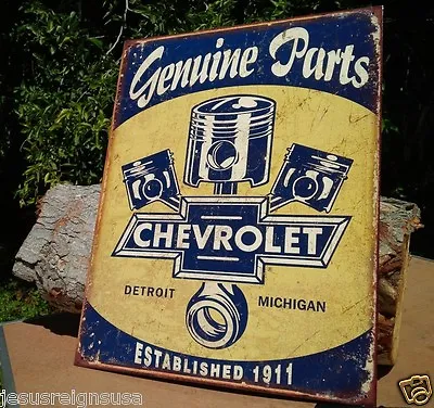 Vintage Genuine Chevy Parts Tin Metal Sign 1911 Garage Shop GM Rustic Pistons • $19.95