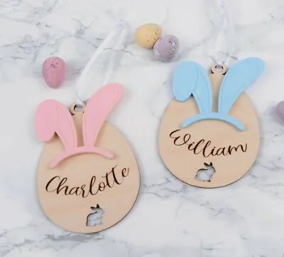 Personalised Wooden Easter Gift Tag Easter Egg With Bunny Ears 8cm • £12.25