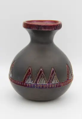 Vintage Retro MCM Matte Black Pottery Vase With Metallic Red Design & Interior • $22