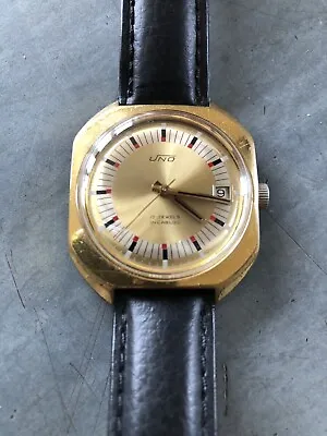 Vintage Mens Wrist Watch Uno Gold Tone Face/case Automatic Working Order • £59