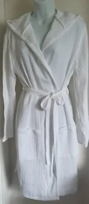 EX- M*S Ladies Hooded Dressing Gown 100% Cotton Muslin WHITE PINK XS S M L • £10.99