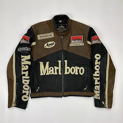 Rare Vintage 90's MARLBORO NASCAR Leather Patched Biker Jacket Brown Hype Sz M • $1199.99