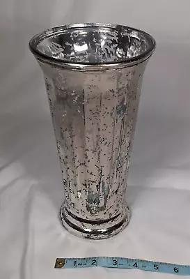 Silver Mercury Ribbed Center Piece Cylinder 10 Inch Tall Glass Vase • $14.24