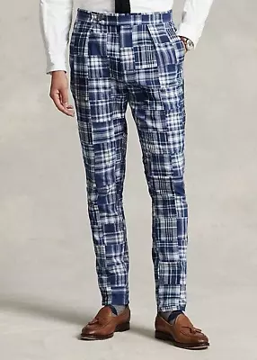 Polo By Ralph Lauren Men's SZ 36 Blue Patchwork Madras Pants Trouser MSRP $398 • $149.99