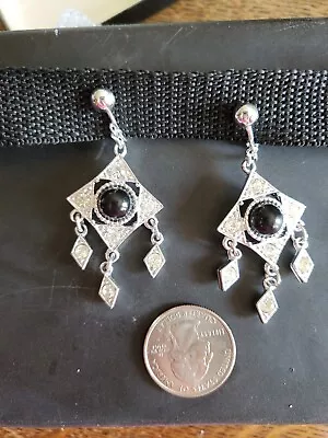 Vtg. Sarah Coventry Rhinestoneclip On Earrings Silver Tone &  Black Chandelier   • $18