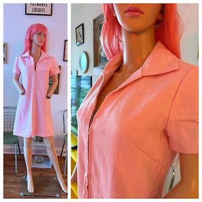 Vintage 60s Cotton Candy Barbie Pink Zip Front Mod Twiggy Jeston Mini Dress M L • $20