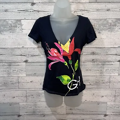 $14.50 • Buy Gilly Hicks Navy Blue Tropical Floral V Neck Fitted Tee Size S