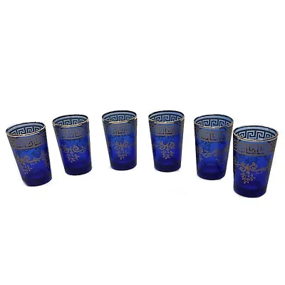 Set Of 6 Vintage Moroccan Cobalt Blue Tea Drinking Glasses Gold Filigree Design • $29.98