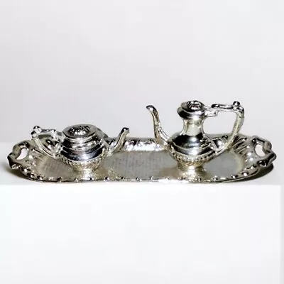 Miniature Teapot And Coffee Pot Silver Tone Metal With Tray Collectible Vintage • $12.99