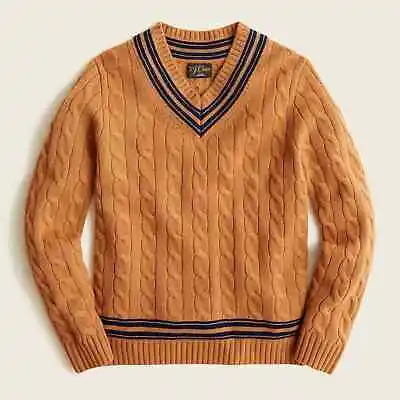 J CREW Mens Cashmere Cable-Knit V-Neck Cricket Sweater Burnished Timber $298 NWT • $199.99