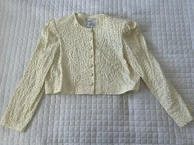 VTG Beaded Jacket Lace Pearl Beads Ivory Cropped Button Front Petite 12 • $18.99