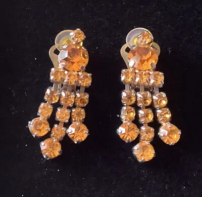 Vintage 60s Gold Tone Clip On Earrings With Amber Coloured Crystals. • £6.95