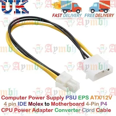 4 Pin Molex To P4/64 Bit ATX 12v Power Square Internal PC Power Cable Adaptor UK • £3.29