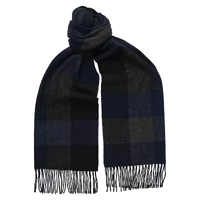 Mens 100% Wool Scarf Navy Blue Grey Block Checked Long BNWT 40cm X 190cm • £25.49