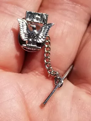 Usn Us Navy Tie Tack W/chain Eagle 1/2  Silver Metal .5  Military Mens Accessory • $12