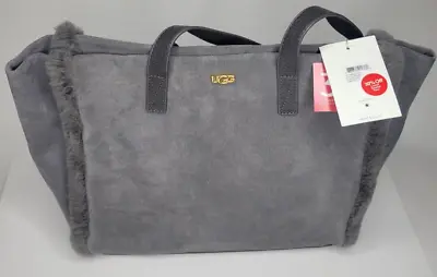 New UGG Womens Charlee Tote Grey Suede Leather W/ Wool Sherpa Trim WTE003 Gray • $96.96