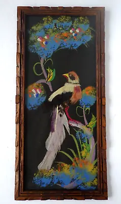 Vintage Mexican Folk Art FeatherCraft Bird Art Carved Wood Frame Under Acrylic • $24.99