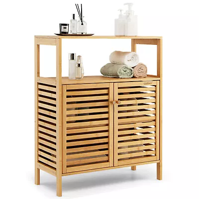 Bamboo Floor Cabinet Bathroom Storage Cabinet Storage Organizer W/ Shutter Doors • $99.95